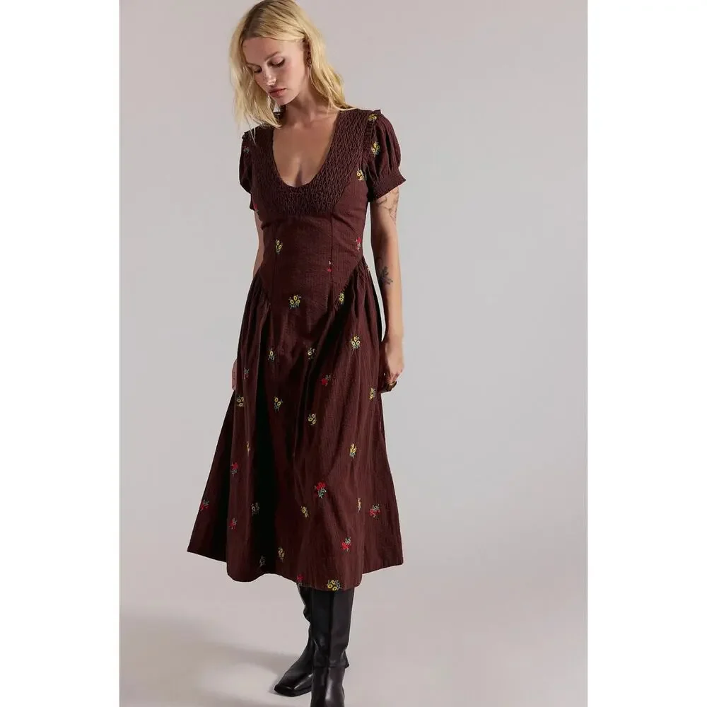 Free People Dress Maisie Midi Brown Floral Boho Embroidered size XS Cottage Core - Picture 1 of 13
